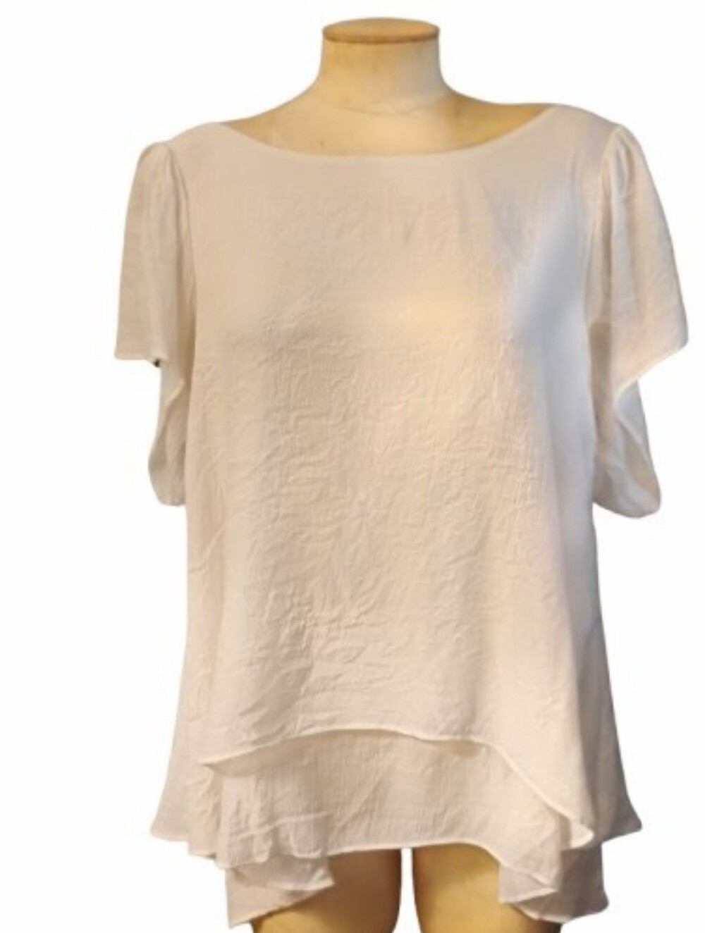 Umgee White Gauze Boho Tunic Top Flutter Sleeve Tied Open Back Layered Hem Sz L